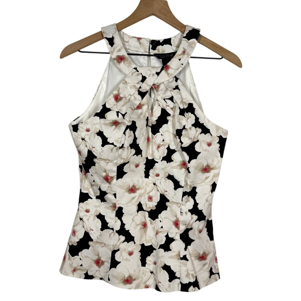 WHBM Black Halter Tank Top Womens Size 6 White Black Floral Old Money Rich Style